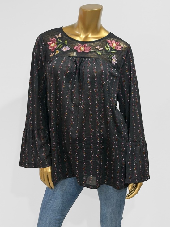 Style & Co. Tops - Style & Co. Black Multi-Floral Embroidered Lined Mesh Long-Sleeve Top Size 1X